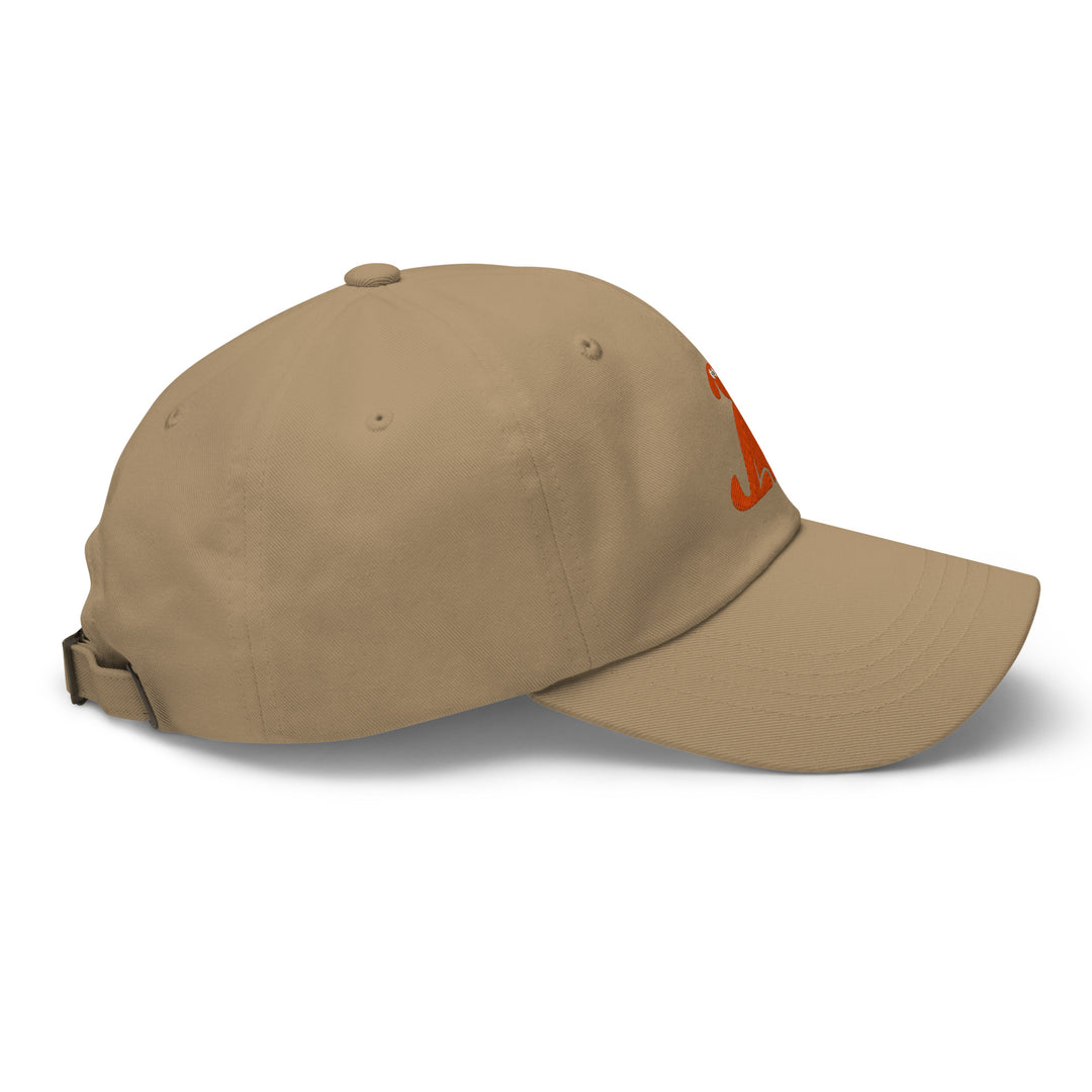 Beige baseball cap with a brand logo on a white background