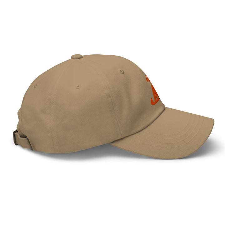 Beige baseball cap with a brand logo on a white background