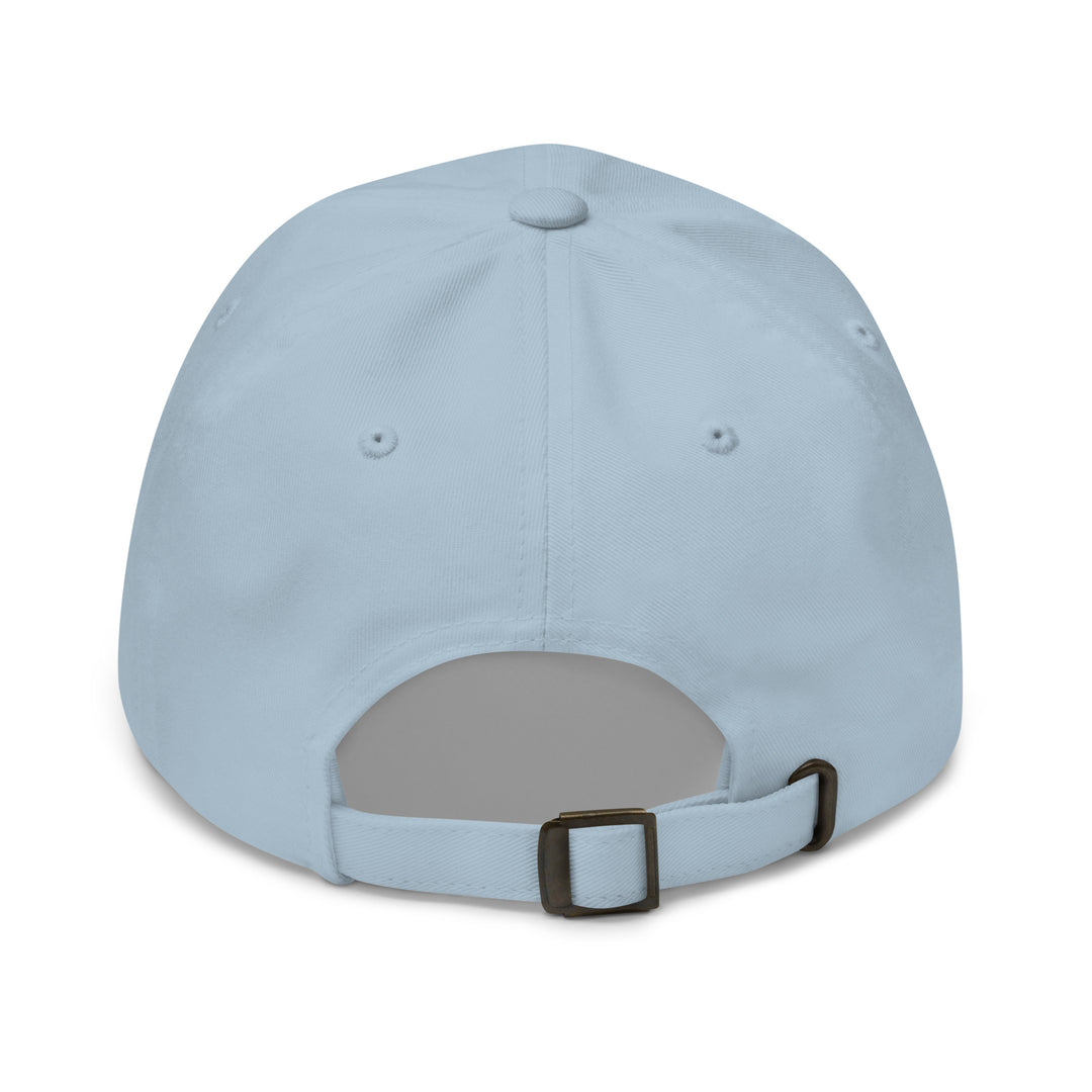 Light blue baseball cap with a gray interior and brown buckle on a white background