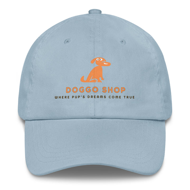 Light blue cap with doggo shop logo on a white background