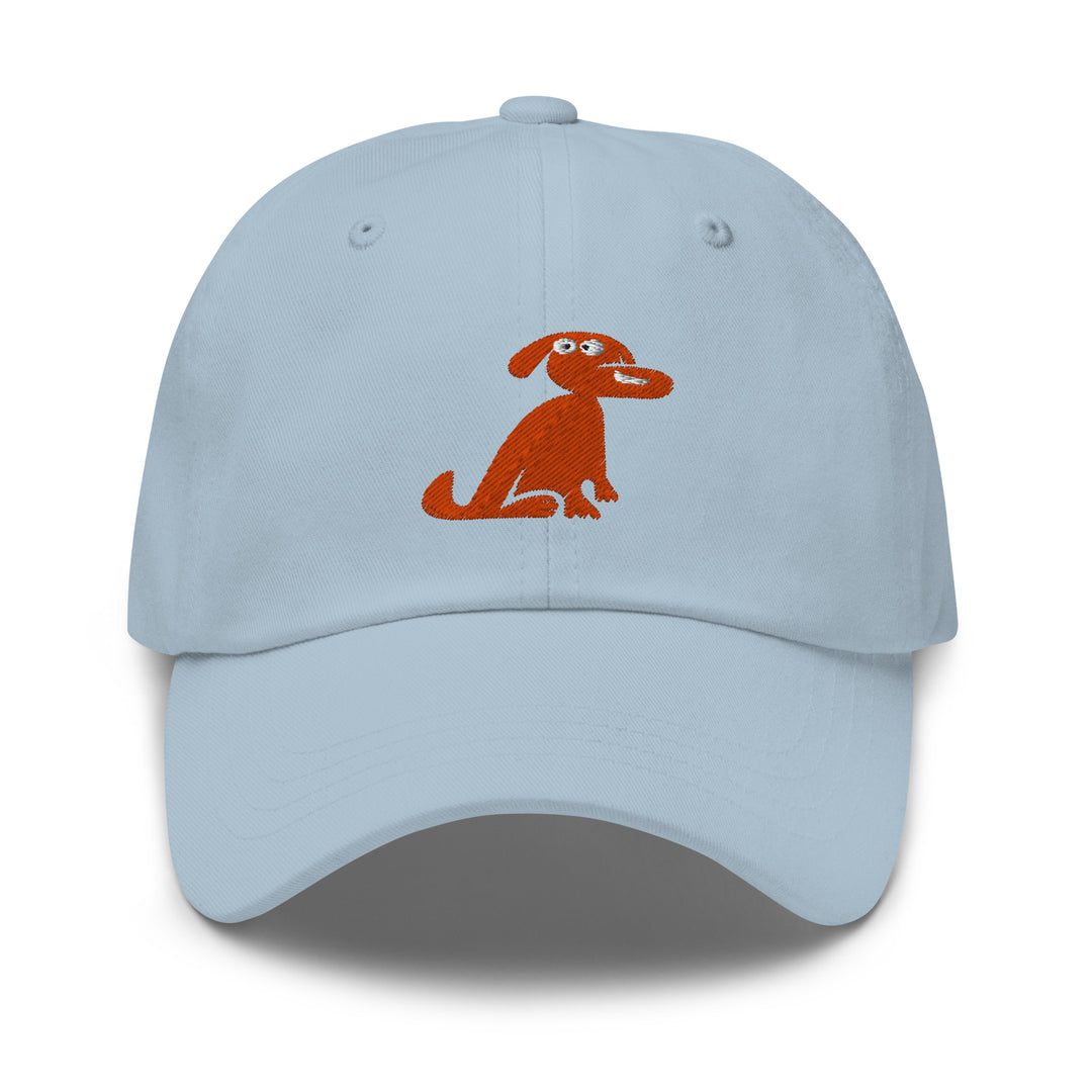 Light blue cap with a red dog illustration on a white background