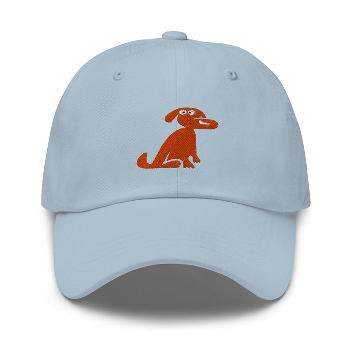 Light blue cap with a red dog illustration on a white background