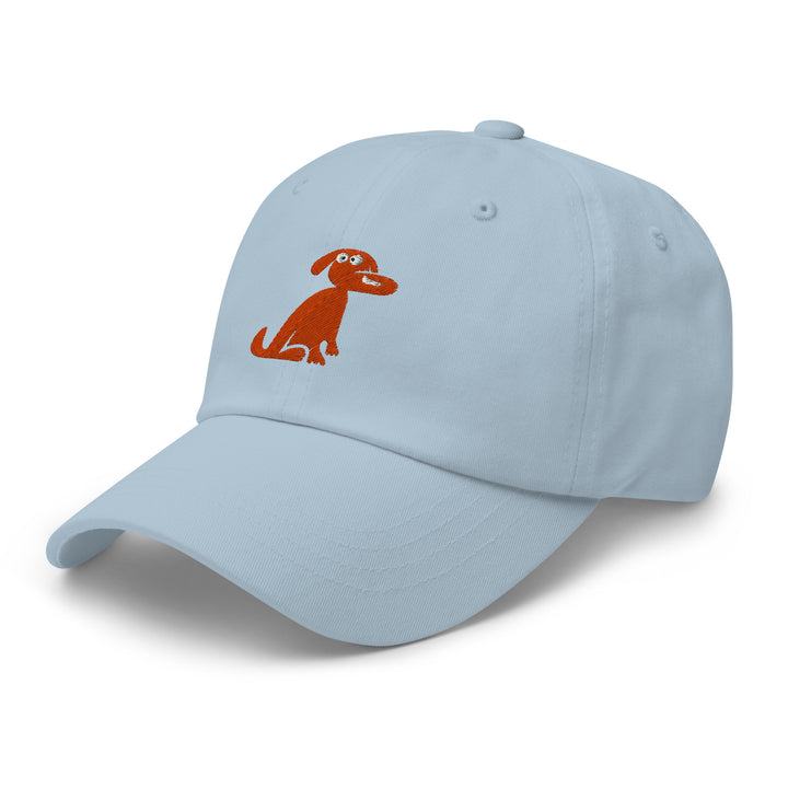 Light blue cap with a brown dog illustration on a white background