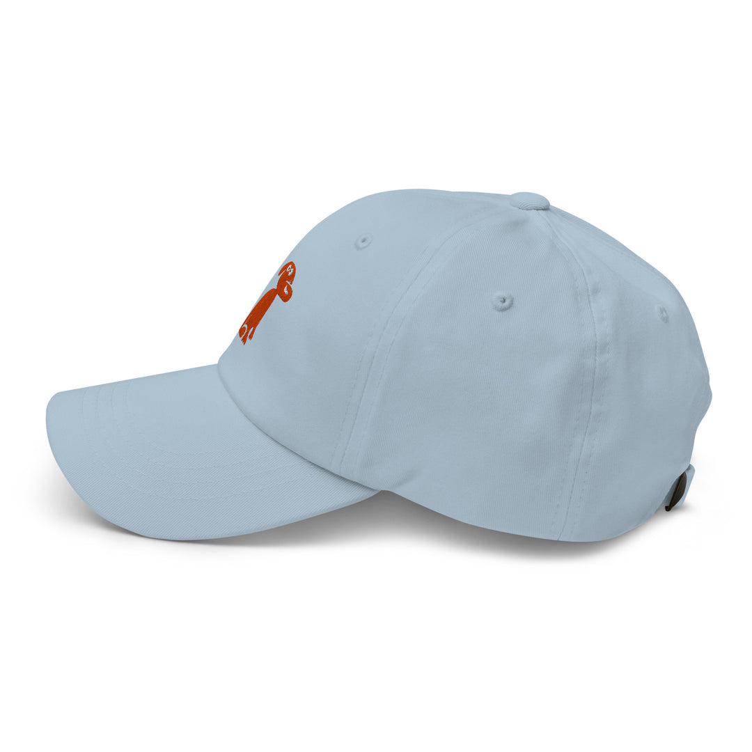 Light blue baseball cap with a small logo on a white background