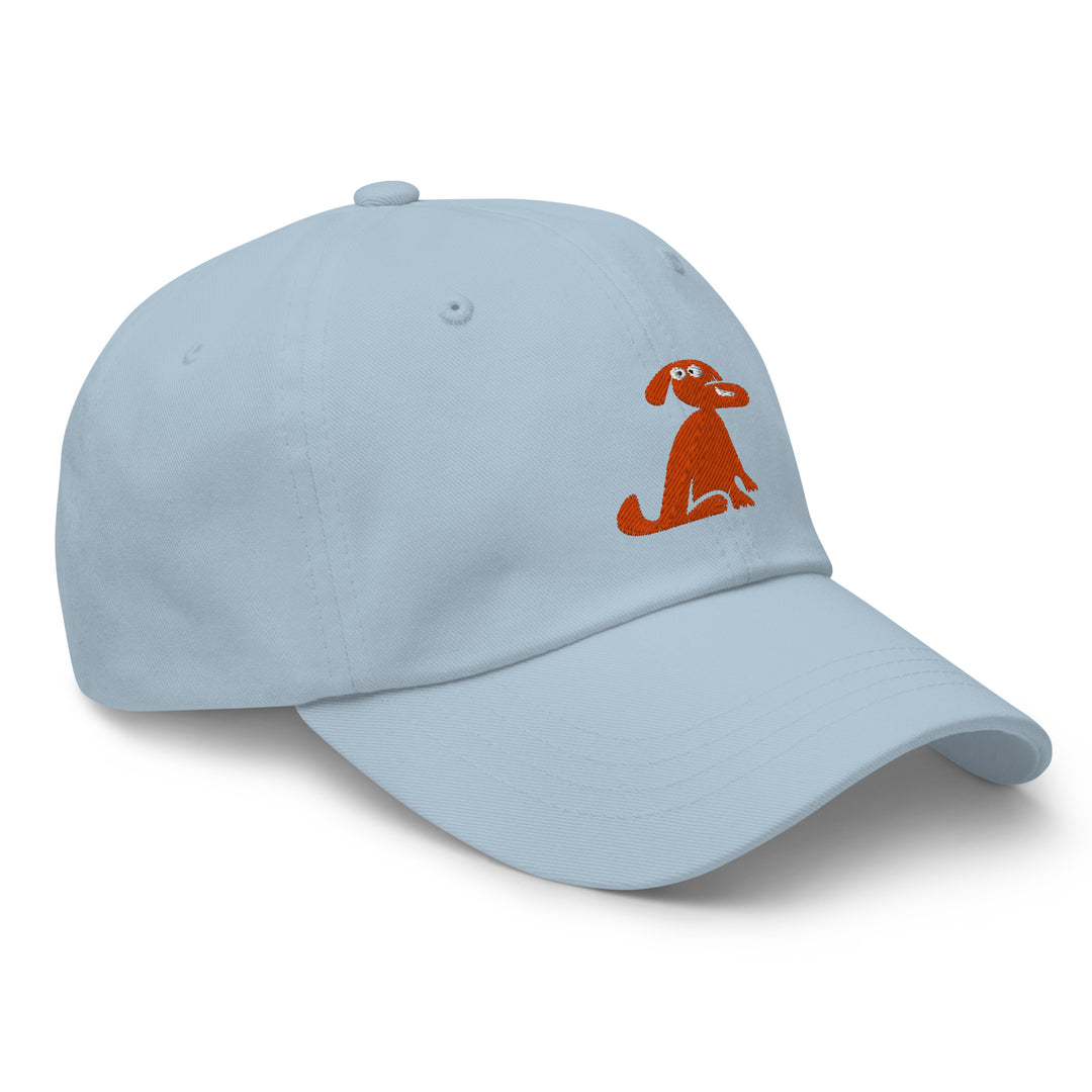 Light blue cap with a brown dog illustration on a white background
