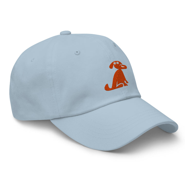 Light blue cap with a brown dog illustration on a white background