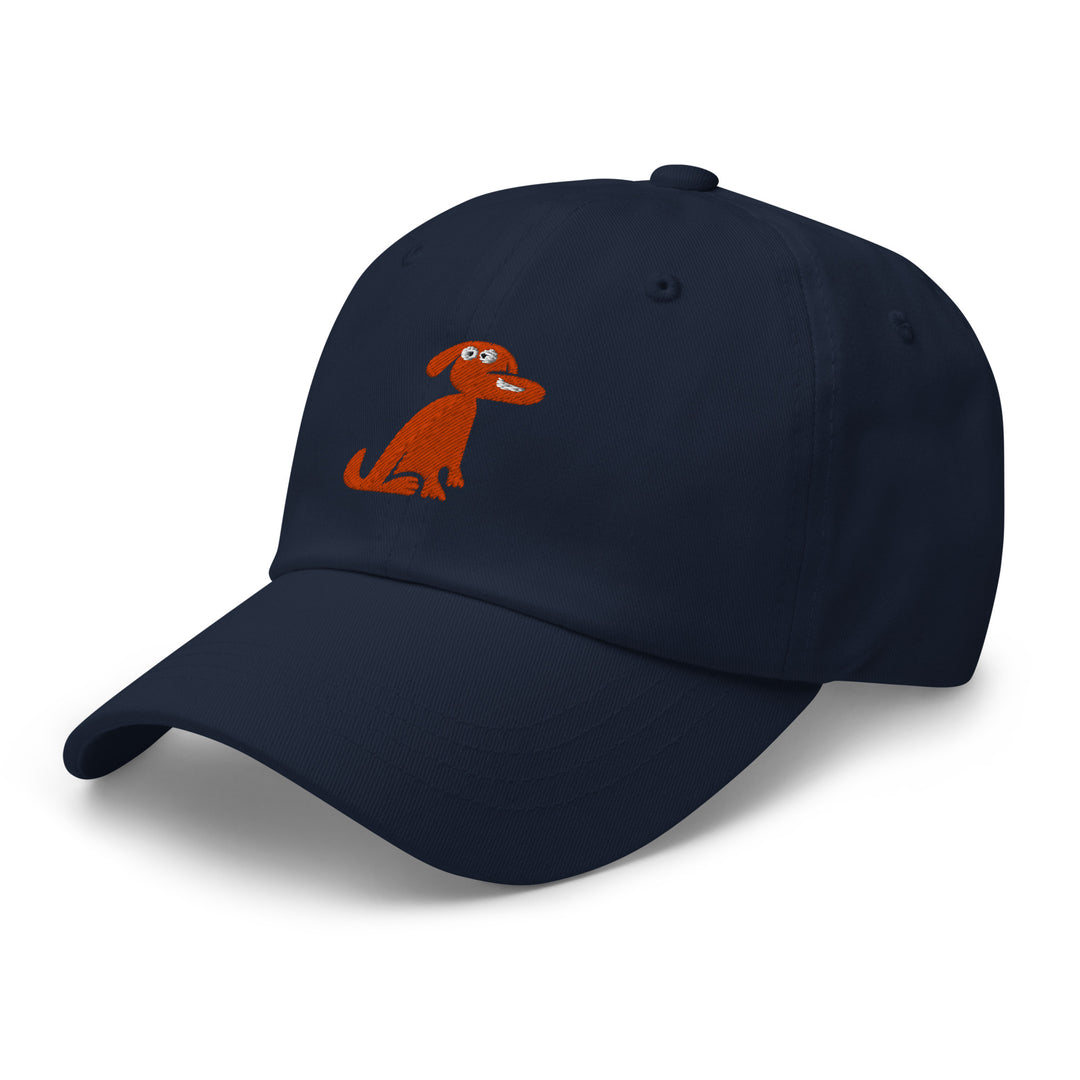 Navy blue cap with an orange dog illustration on a white background