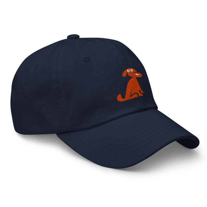 Navy blue cap with am orange dog logo on a white background