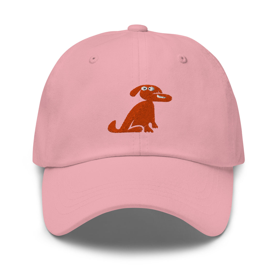 Pink cap with a an orange dog loggo on a white background