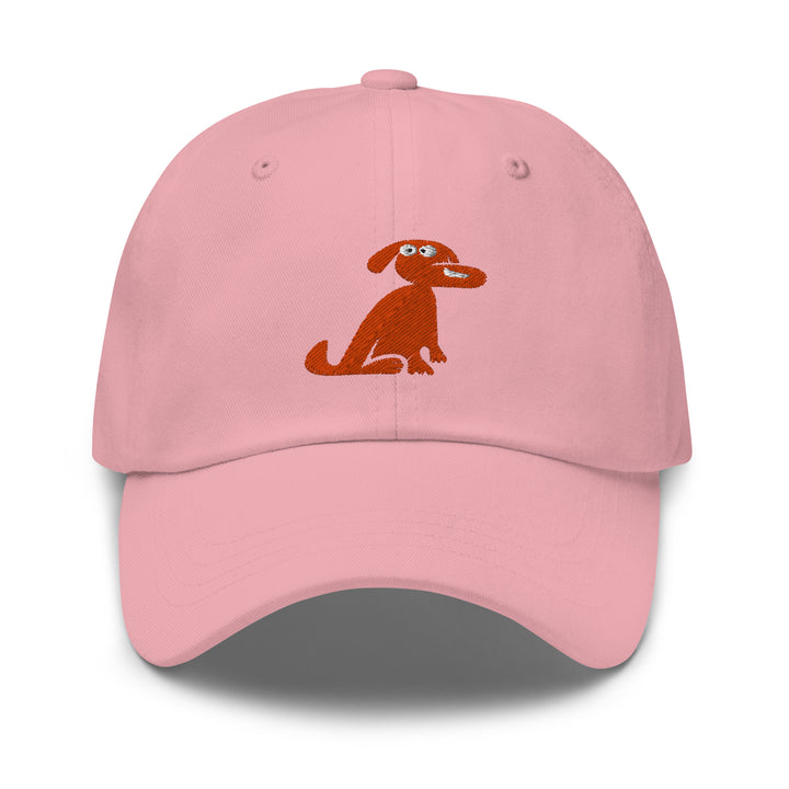 Pink cap with a an orange dog loggo on a white background