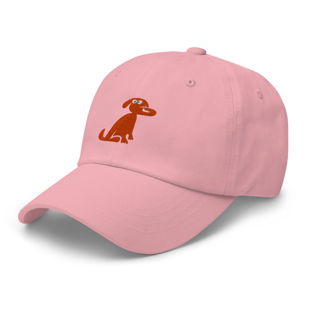 Pink cap with a brown dog illustration on a white background