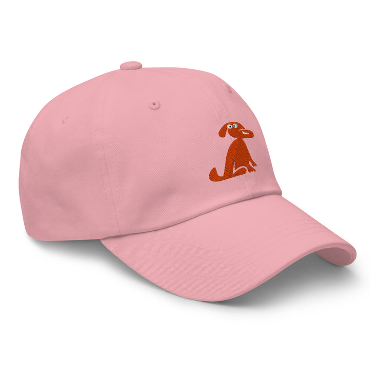 Pink cap with a brown dog illustration on a white background