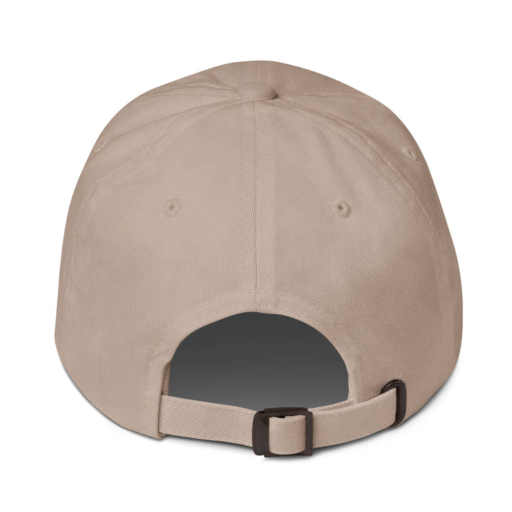 Beige baseball cap with a brown buckle on a white background