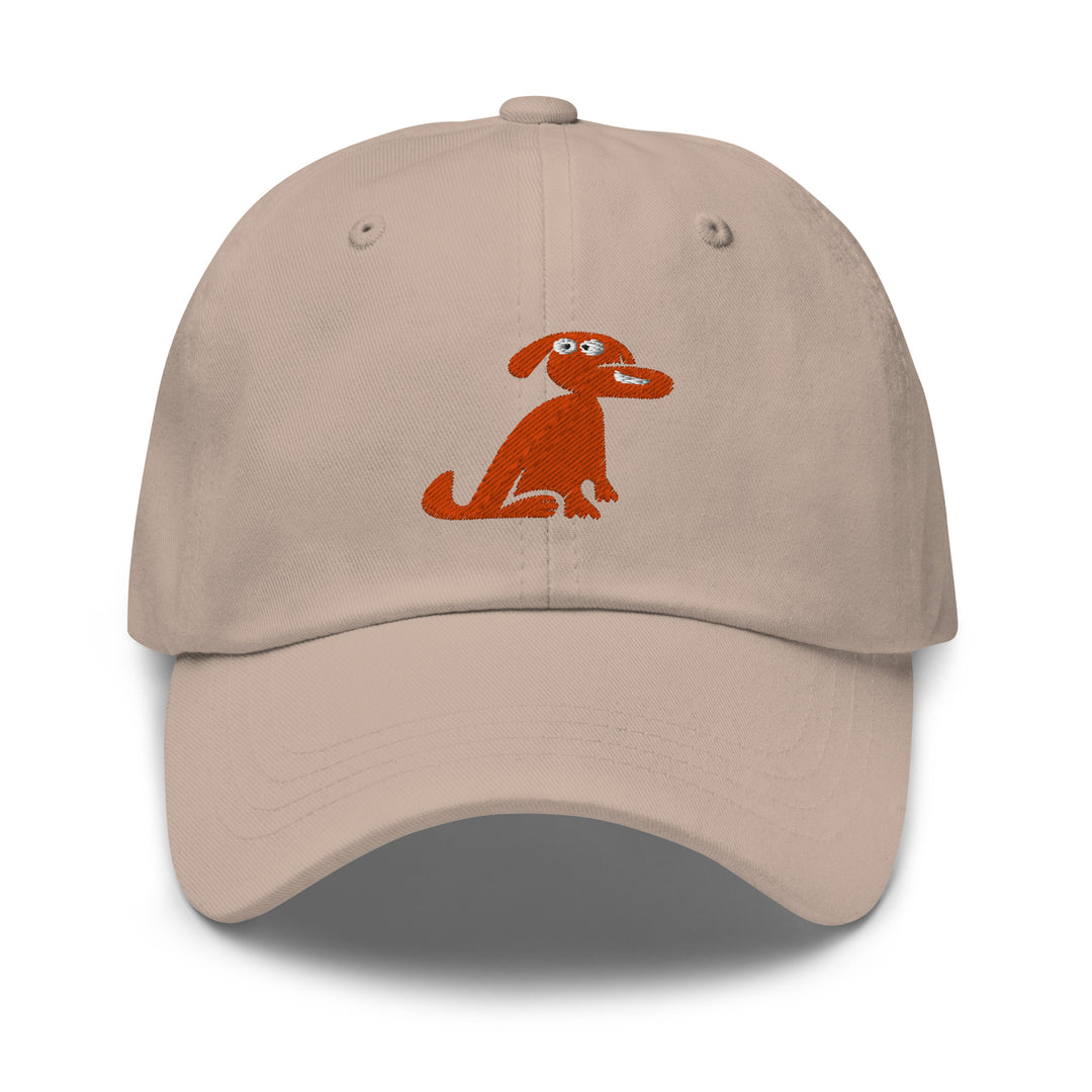 Beige cap with a red dog illustration on a white background