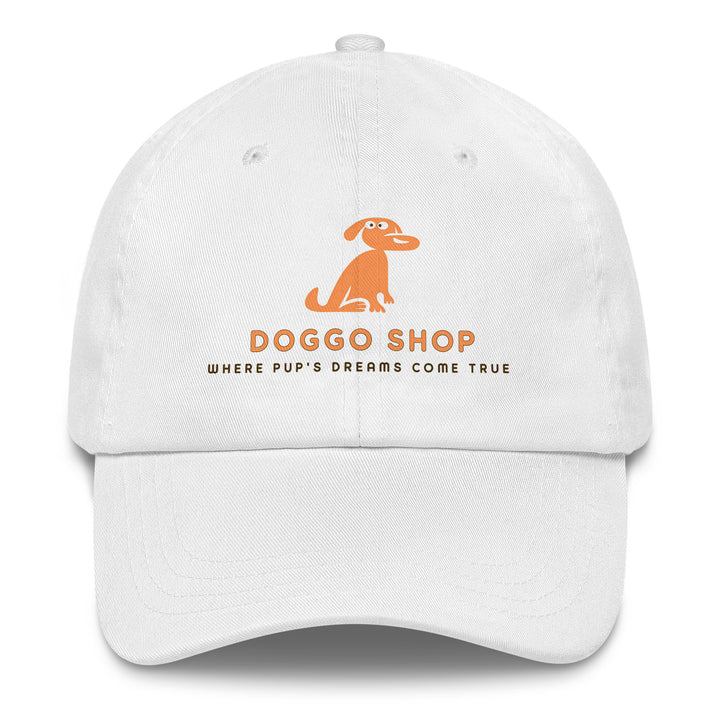 White cap with doggo shop logo on a white background