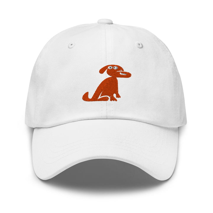 White cap with a brown dog illustration on a white background