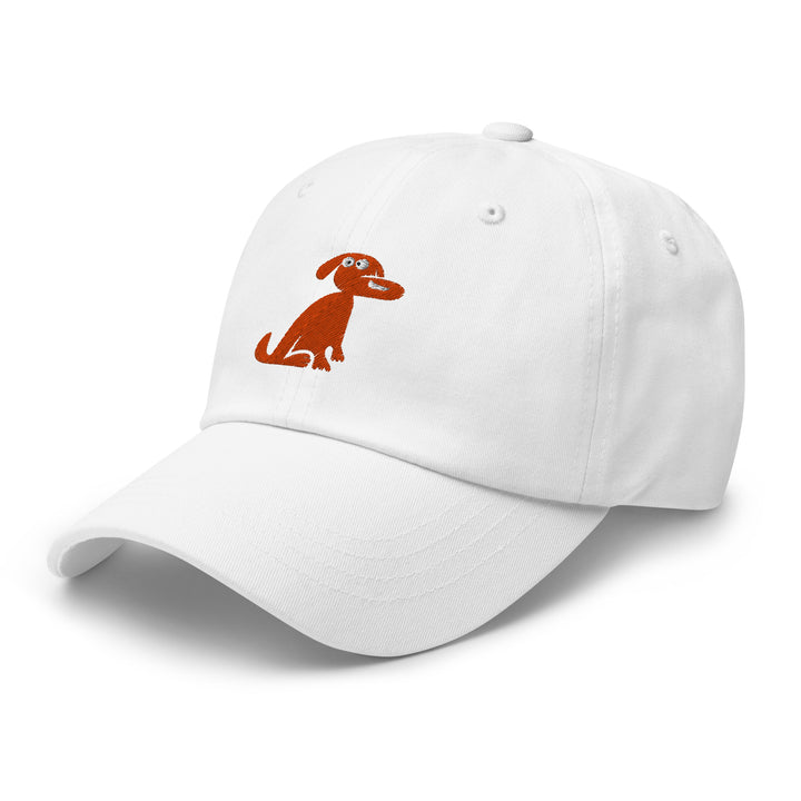 White cap with a brown dog illustration on a white background