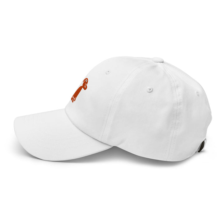 White baseball cap with a small orange logo on a white background