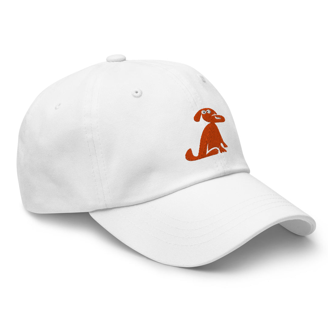 White cap with a brown dog illustration on a white background