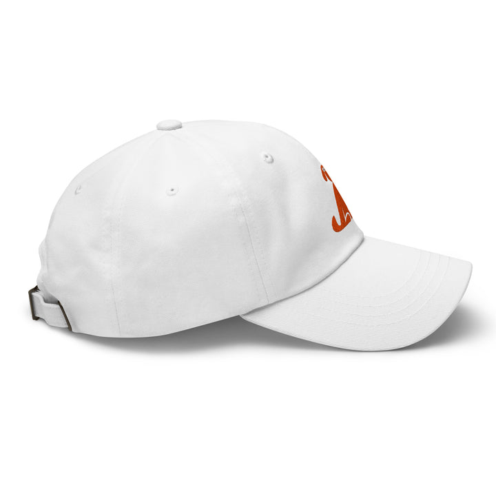 White baseball cap with a logo on a white background