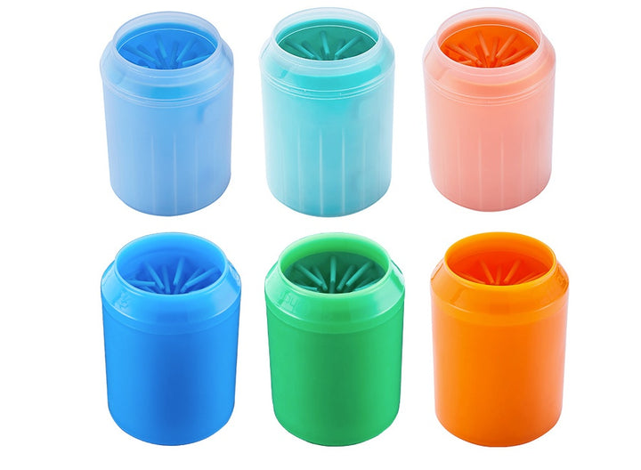 Dog Paw Washer in three different colors, blue green and orange