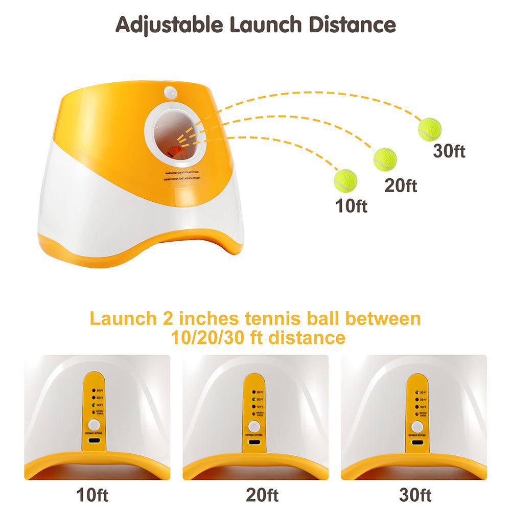 An image showing an automatic ball throwing machine with adjustable launch distance, launched 2 inches tennis ball between 10-30 feet.