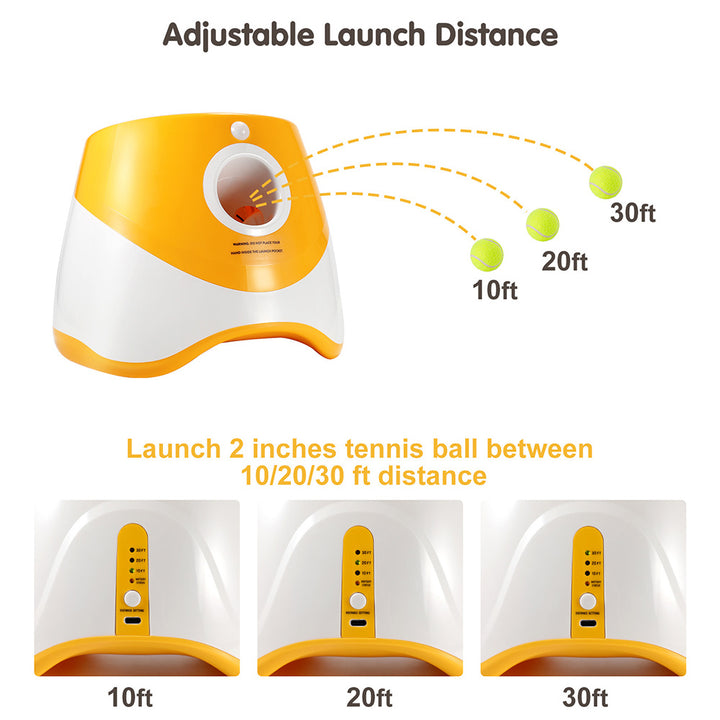 An image showing an automatic ball throwing machine with adjustable launch distance, launched 2 inches tennis ball between 10-30 feet.