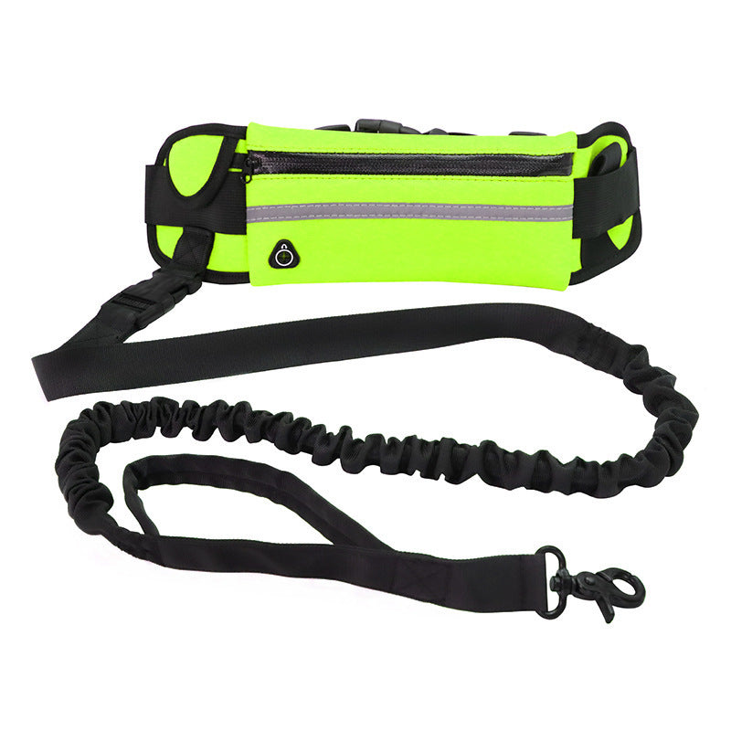 Neon green waist bag with black bungee leash on a white background