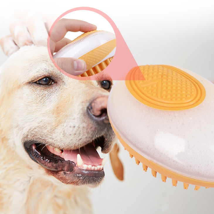 Dog being groomed with a pet grooming brush, close-up of brush head.