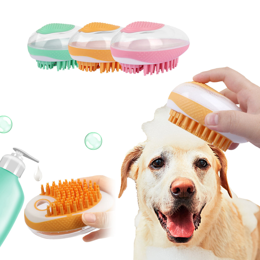 Dog grooming brush with colorful handles held by a person, with a dog receiving a bath in the background.