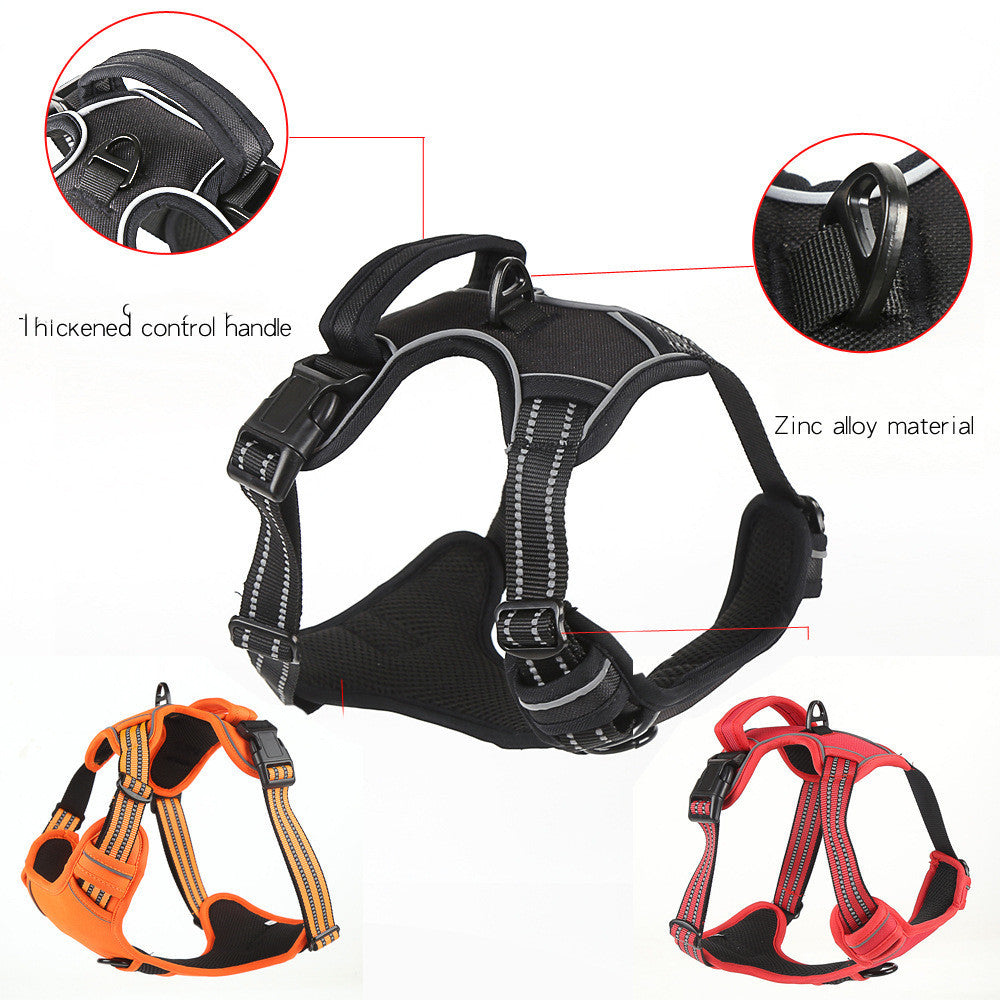 Dog harness with thick control handle and zinc alloy material, shown in black, orange, and red.