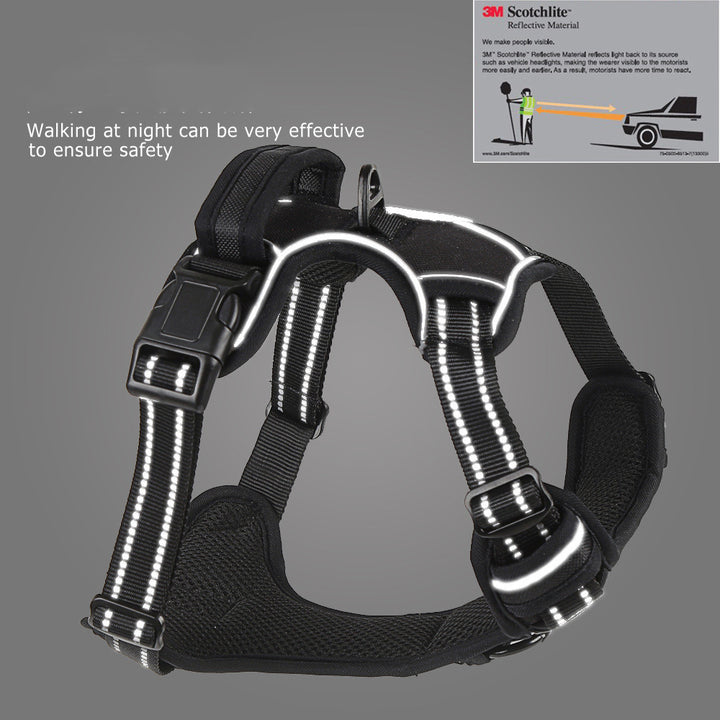 Black dog harness with reflective material on a gray background, featuring text about night-time safety.