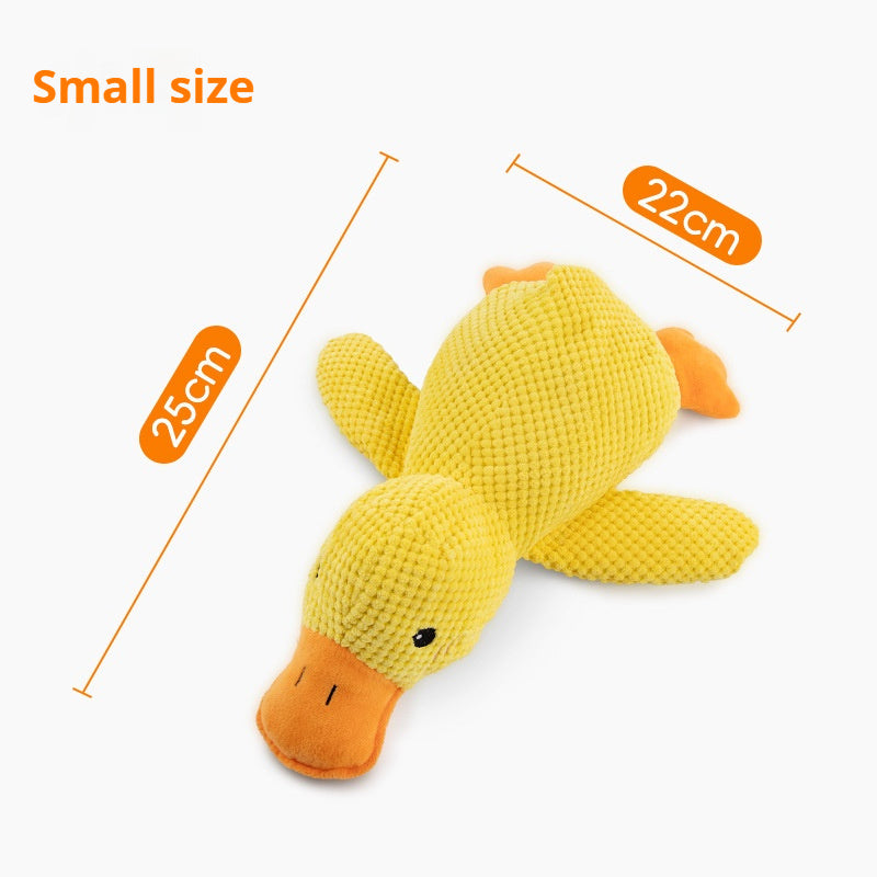 Small yellow plush duck toy with measurements on a white background
