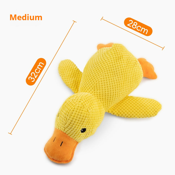 Yellow plush duck toy with measurements on a white background