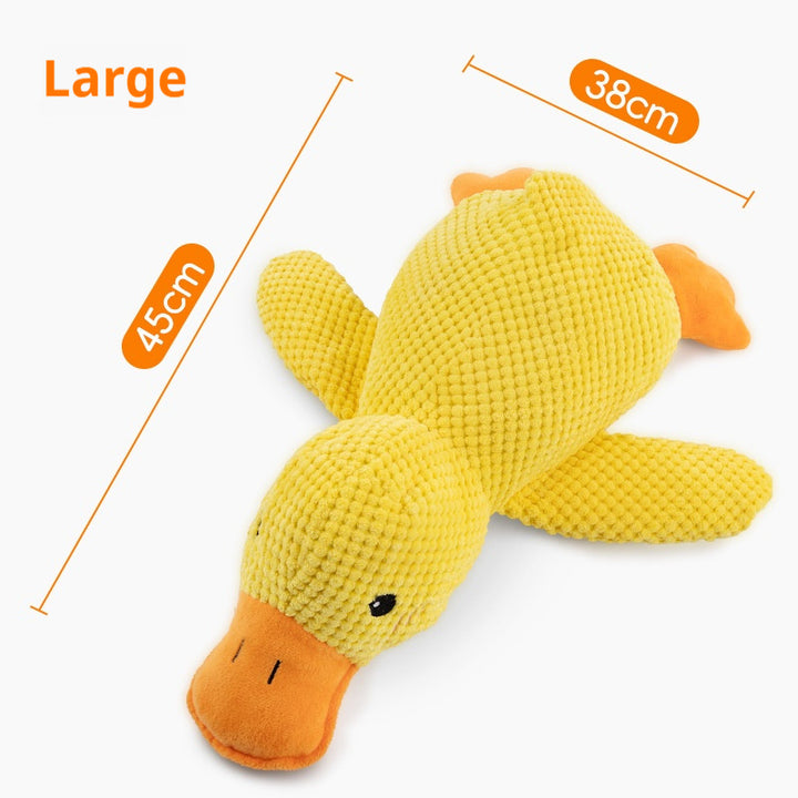 Yellow plush duck toy with measurements on a white background