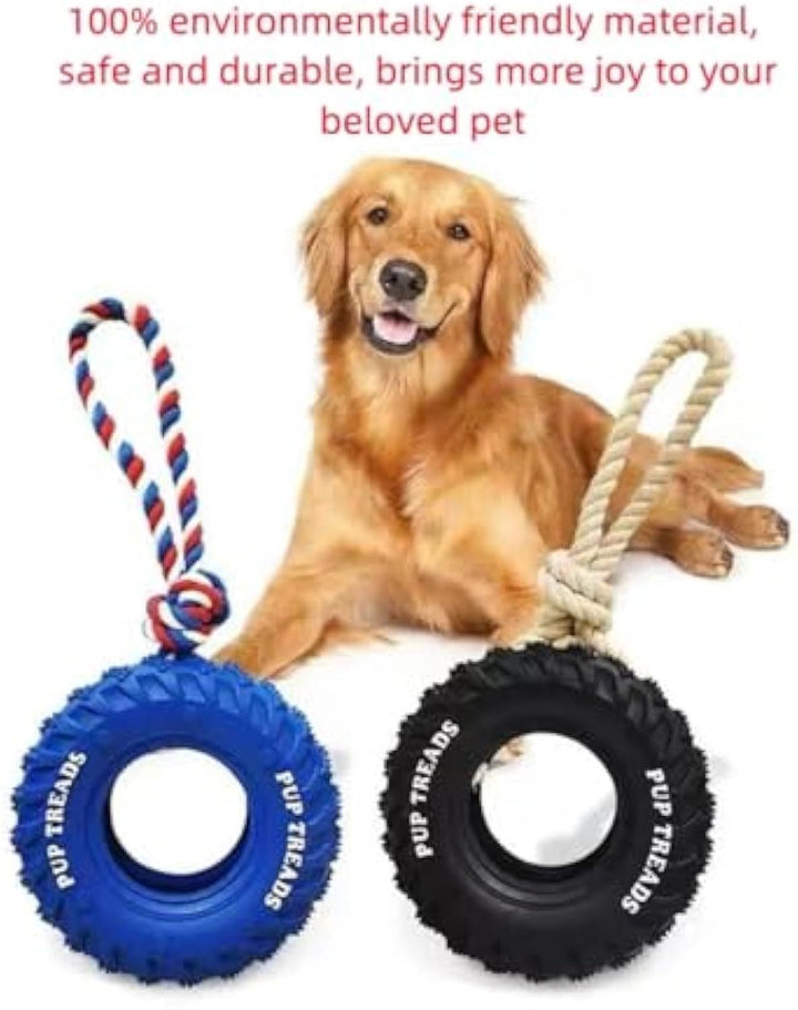 Dog with two tire-shaped dog toys, one blue and one black, with text about environmental friendliness and durability.