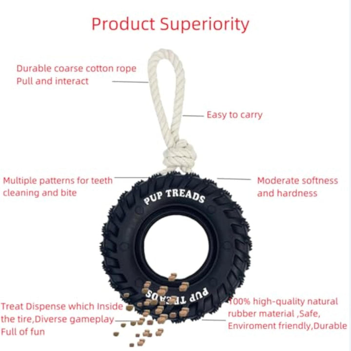 Dog toy with tire design and rope, labeled 'Pup Treads', on a white background.