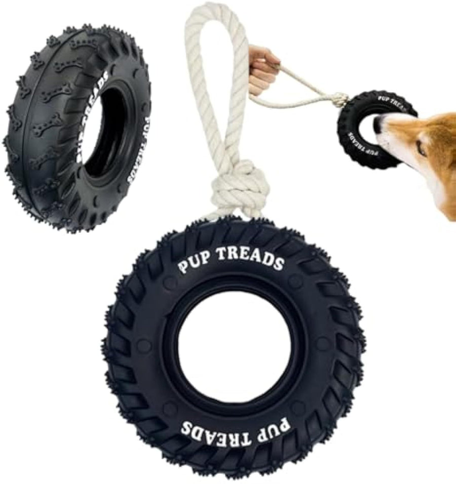 Dog toy with tire tread design and 'Pup Treads' branding, featuring a rope.