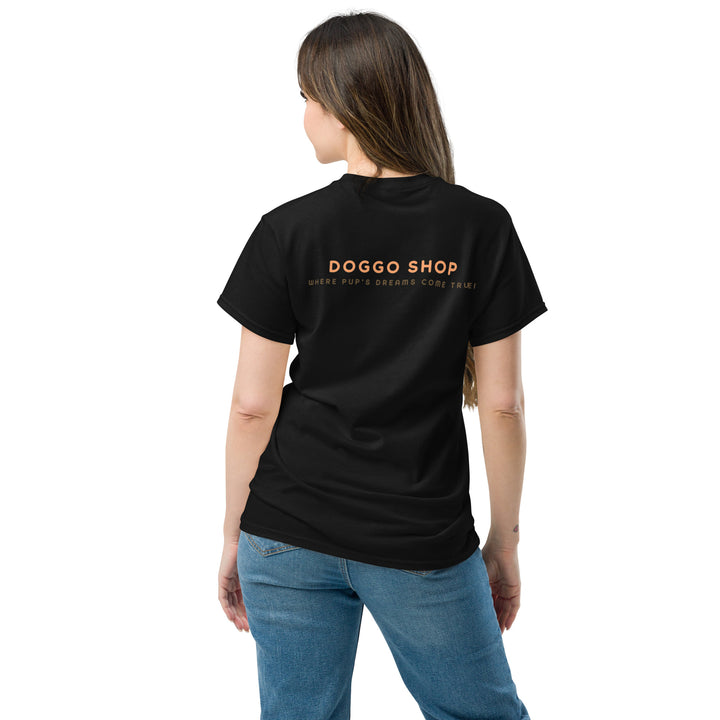 Person wearing a black t-shirt with 'DOGGO SHOP' text on the back, standing against a white background