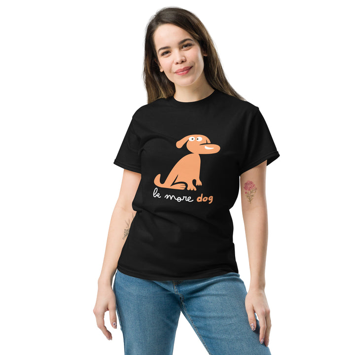 Woman wearing a black t-shirt with a dog graphic and text on a white background