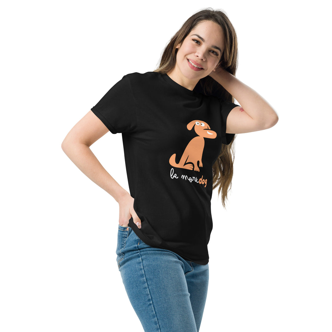 Woman wearing a black t-shirt with a dog graphic and text on a white background