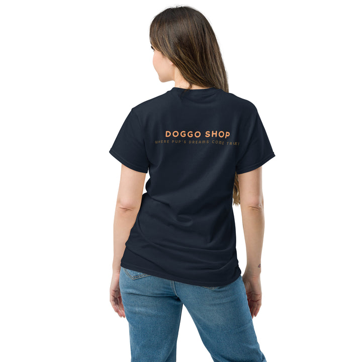 Person wearing a black t-shirt with 'Doggo Shop' text on the back, standing against a white background