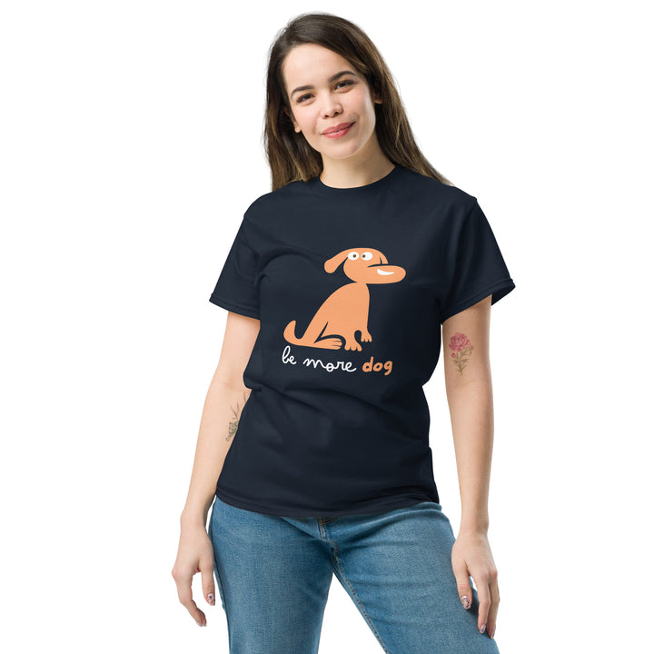 Woman wearing a navy-shirt with a dog graphic and text on a white background