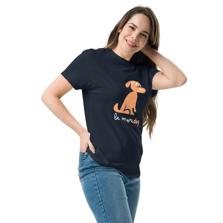 Woman wearing a navy blue t-shirt with a dog graphic and text on a white background