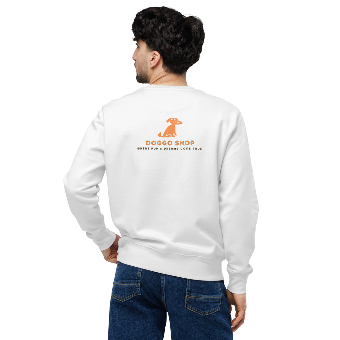 Person wearing a white sweatshirt with 'DOGO SHOP' logo on the back, standing against a white background