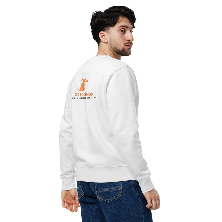 Man wearing a white sweatshirt with a logo on the back against a white background