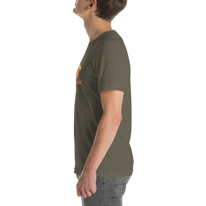 Person wearing a green t-shirt with a logo on a white background