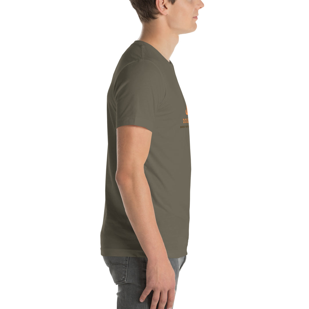 Person wearing a green t-shirt with a logo on a white background