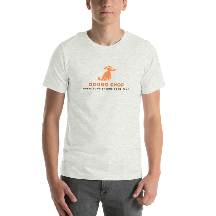 Person wearing an ash white t-shirt with doggo shop logo on a white background
