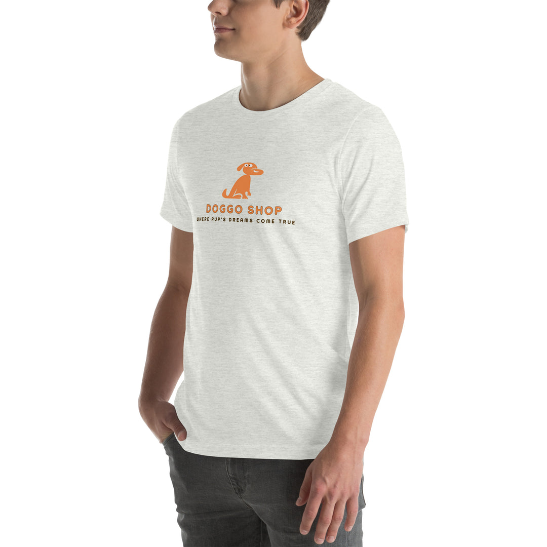 Person wearing an ash white t-shirt with a logo and text on a white background